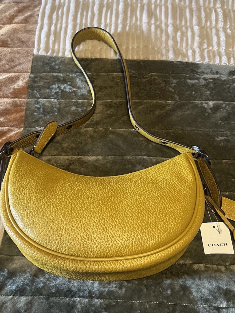 Coach Pebbled Leather Crescent Shoulder Bag in Flax (Mustard Yellow) - NWT